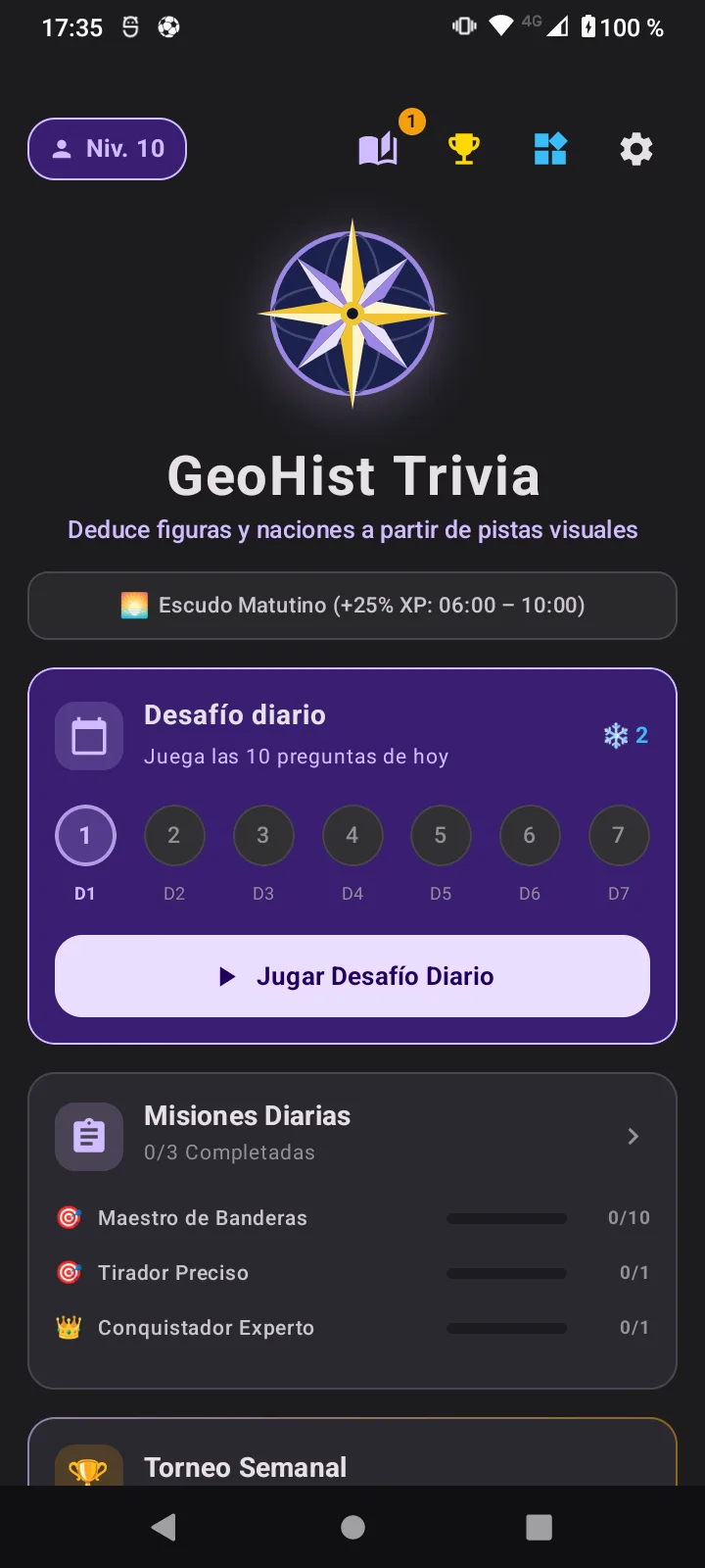 Main menu screen of GeoHist Trivia